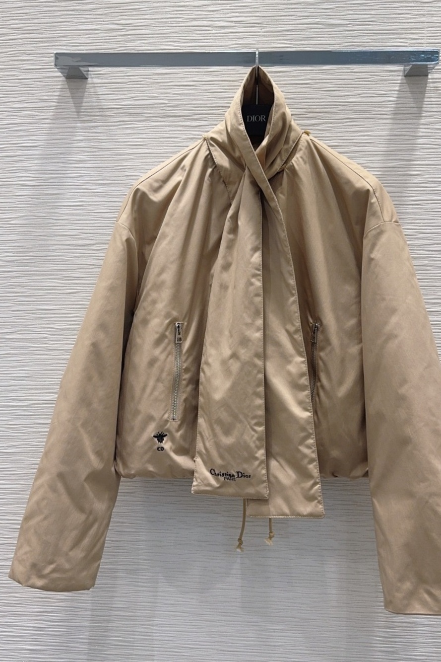 ✨Dior Cropped Puffer Jacket Neck Tie Detail Bee Logo Coat